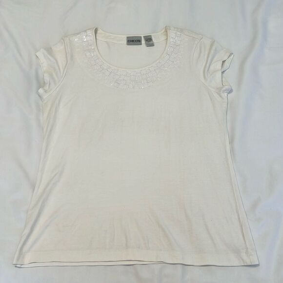 Chicos size O/S white embellished neckline short sleeve closet staple tshirt EUC - Picture 3 of 10